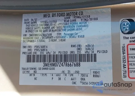 2007 Mercury Milan I4 from USA, damaged, VIN 3MEHM07Z47R667688